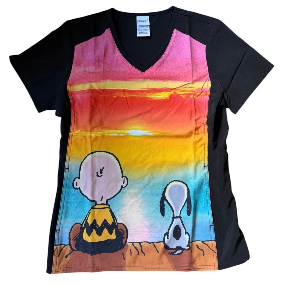 Tooniforms Peanuts Charlie Brown Snoopy Sunset Scrub Top XS Black V-Neck New